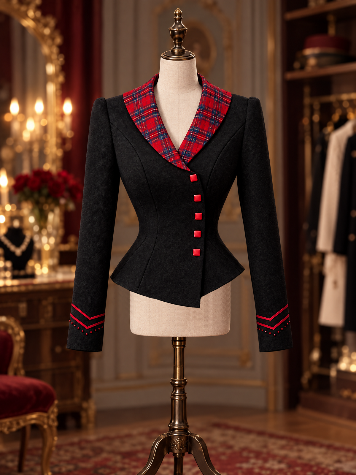 Vintage Wool Blend Black Peplum Blazer Tartan Collar Contrast Trim Coat