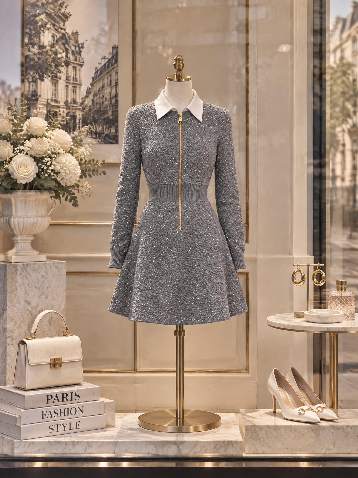 Vintage Gray Zip Front Sweater Dress