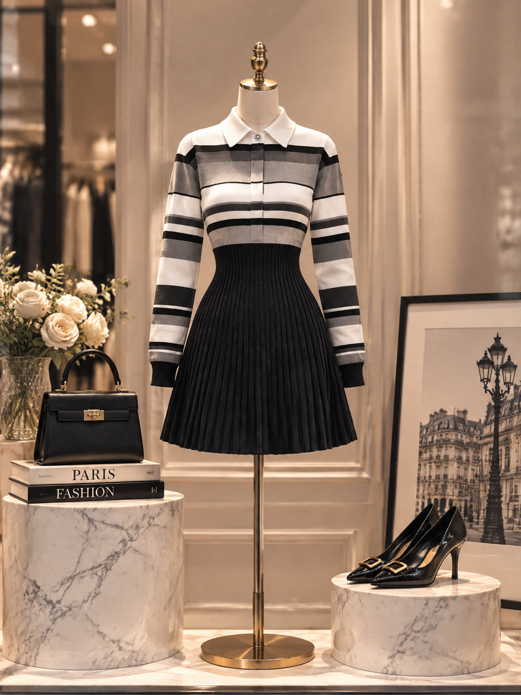 Vintage Stripe Collared Pleated Sweater Dress