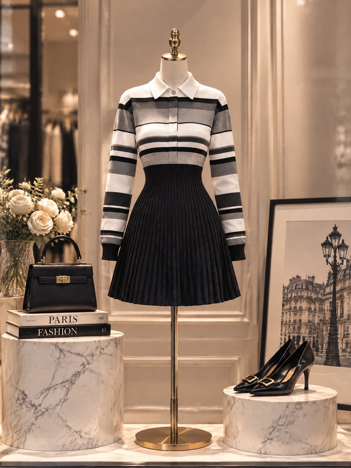 Vintage Stripe Collared Pleated Sweater Dress