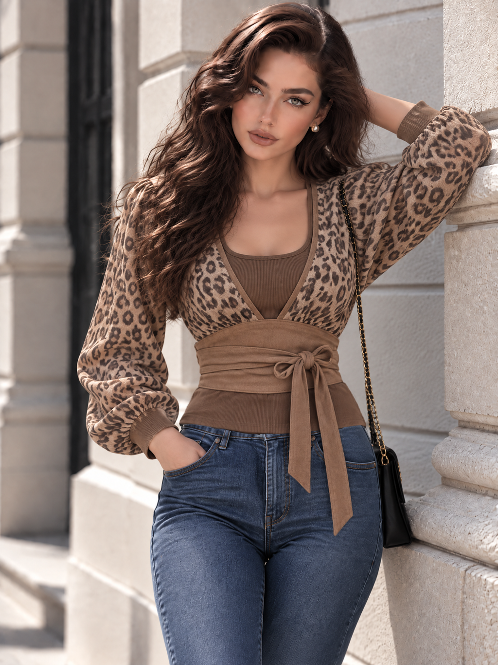Vintage Leopard Print Fake Two-Piece T-shirt