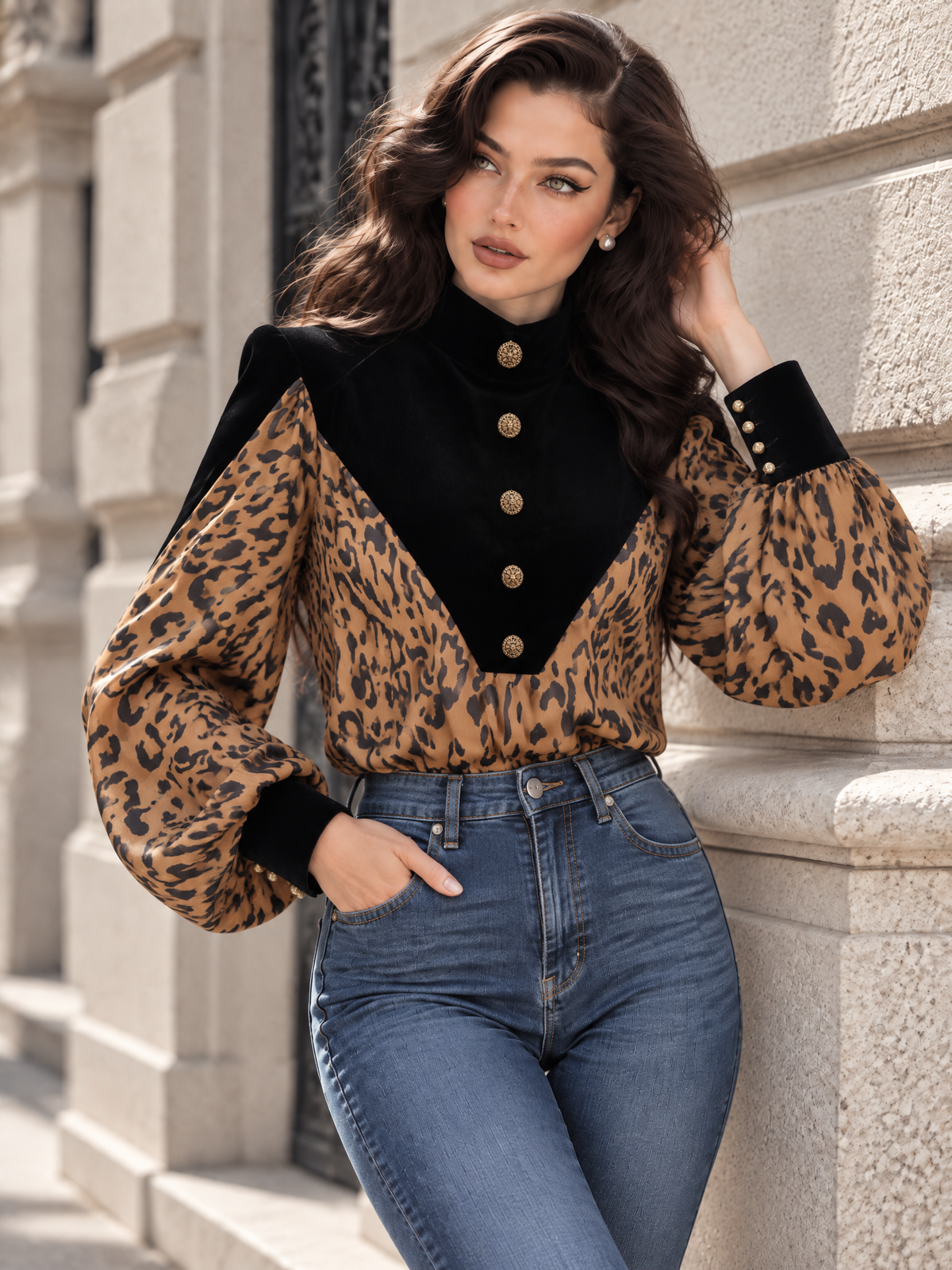 Vintage Leopard Print Color Block Spliced Long Sleeve Blouse