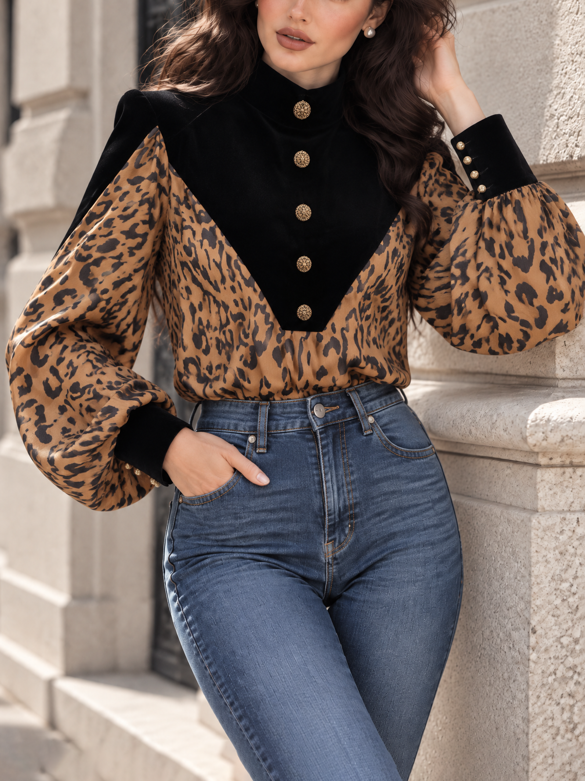 Vintage Leopard Print Color Block Spliced Long Sleeve Blouse