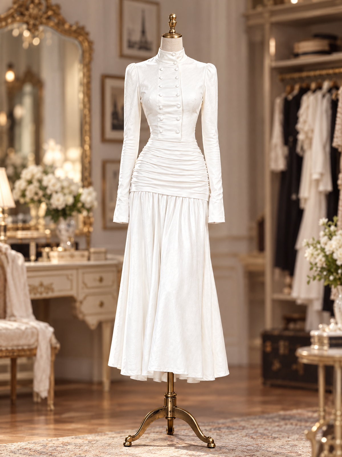 Vintage White Stand Collar Double Breasted Ruched Waist Midi Dress