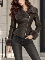 Retro Faux Fur Collar Fitted Biker Jacket