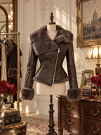 Retro Faux Fur Collar Fitted Biker Jacket