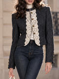 Vintage Wool Blend Tweed Lace Trim Gold Button Cropped Jacket