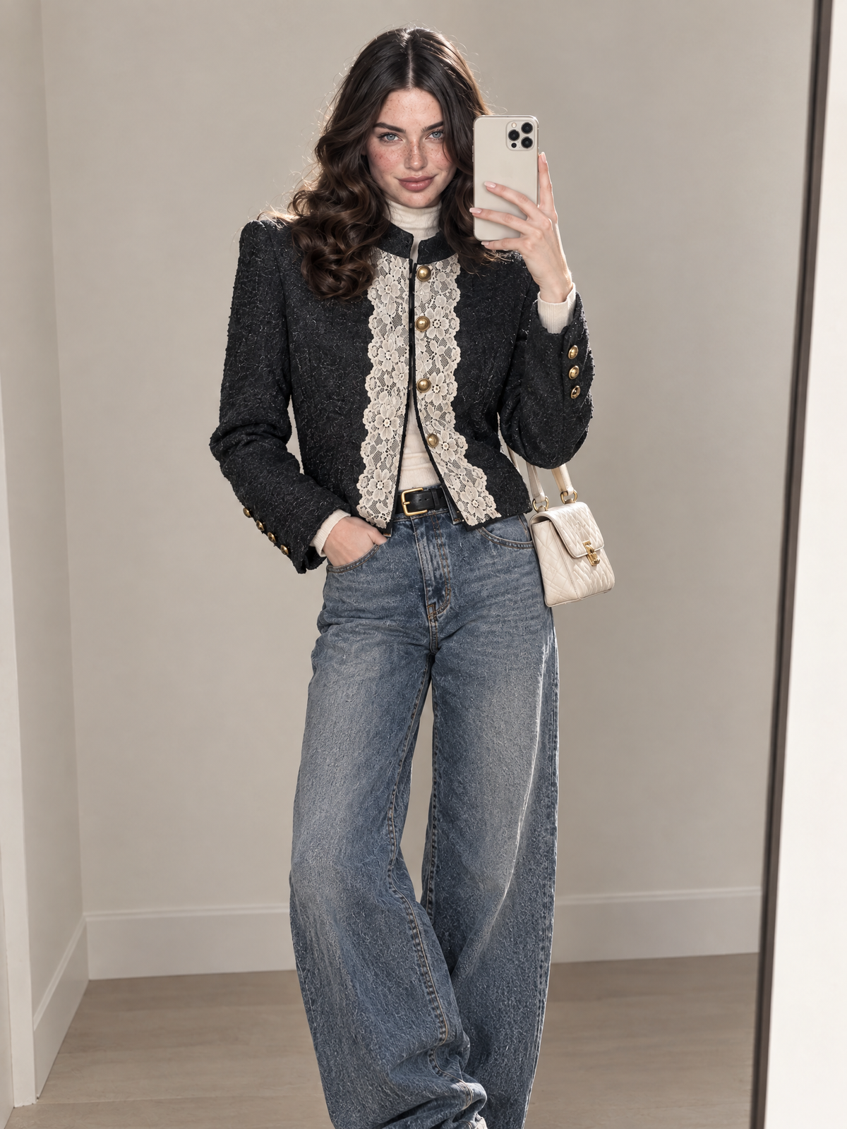 Vintage Wool Blend Tweed Lace Trim Gold Button Cropped Jacket