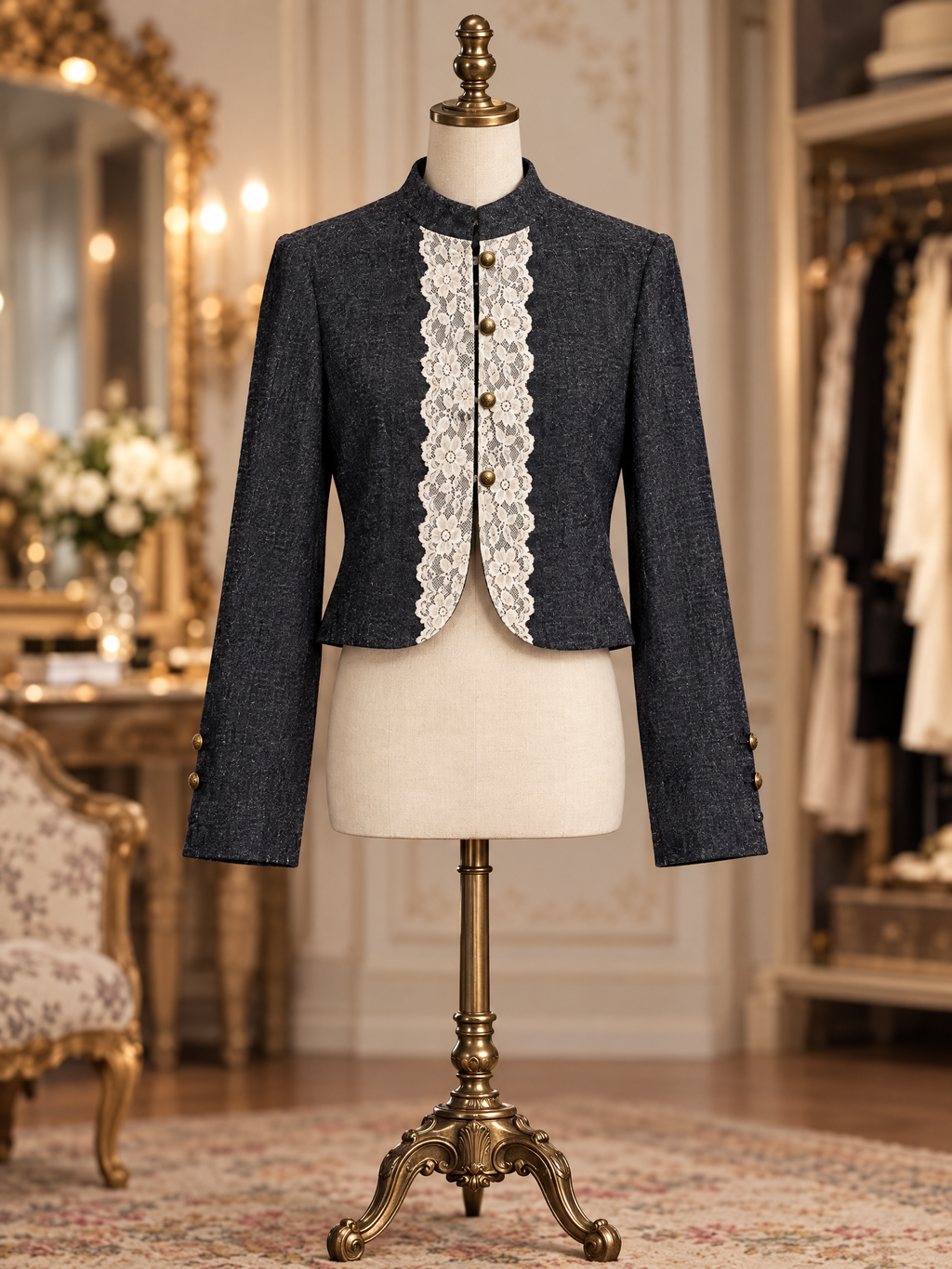 Vintage Wool Blend Tweed Lace Trim Gold Button Cropped Jacket