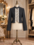Vintage Wool Blend Tweed Lace Trim Gold Button Cropped Jacket