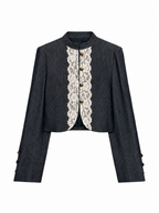 Vintage Wool Blend Tweed Lace Trim Gold Button Cropped Jacket