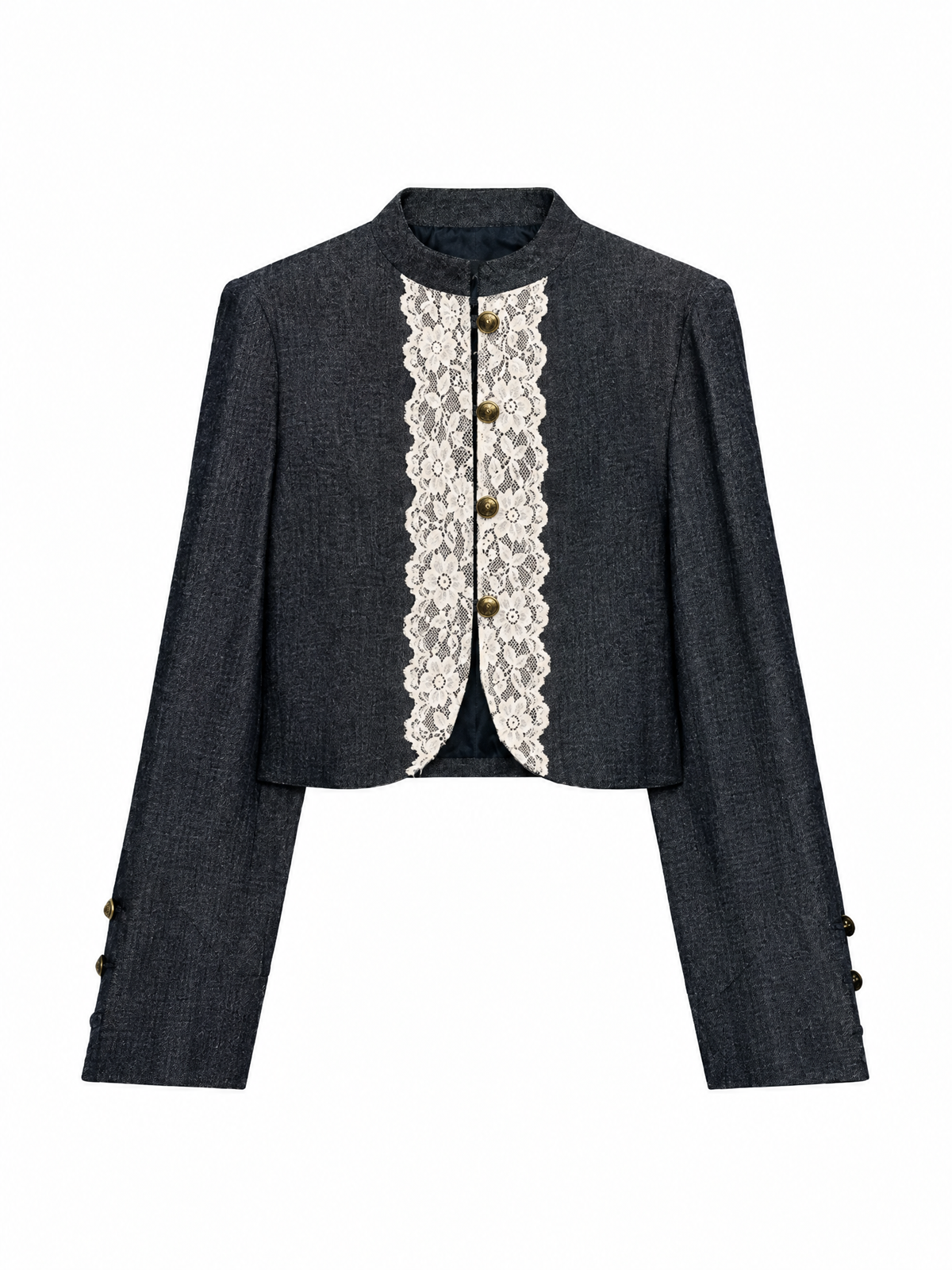 Vintage Wool Blend Tweed Lace Trim Gold Button Cropped Jacket