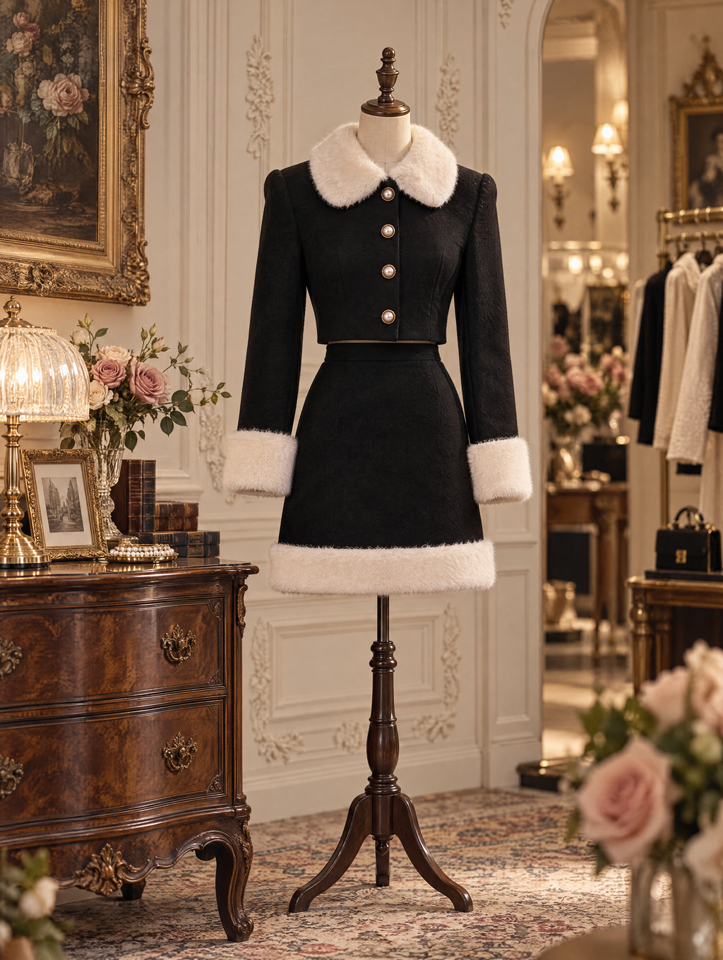 Retro Faux Fur Trim Mini Two‑Piece Skirt Set