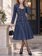 Retro Midi Gold‑Button Denim Shirt Dress