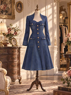 Retro Midi Gold‑Button Denim Shirt Dress