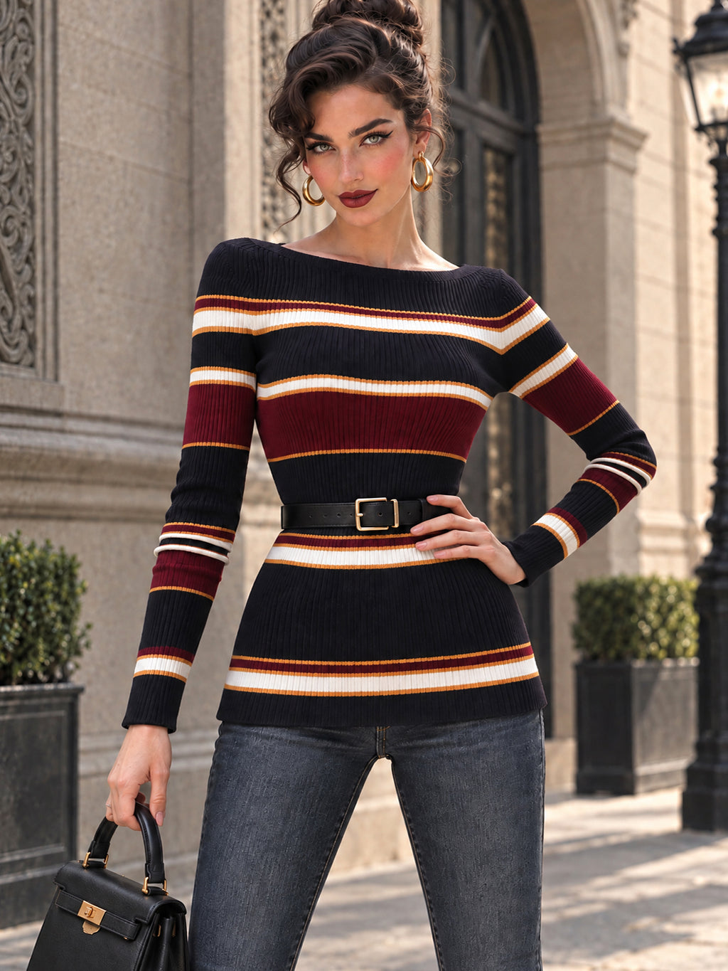 Vintage Stripe Print Boat Neck Ribbed Sweater