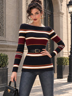 Vintage Stripe Print Boat Neck Ribbed Sweater