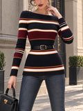 Vintage Stripe Print Boat Neck Ribbed Sweater