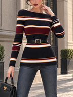 Vintage Stripe Print Boat Neck Ribbed Sweater