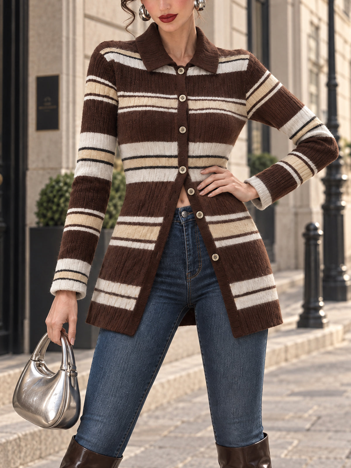 Vintage Stripe Collared Button Longline Cardigan