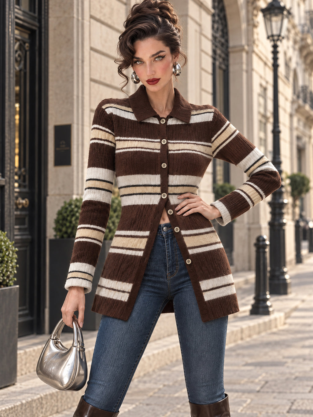 Vintage Stripe Collared Button Longline Cardigan