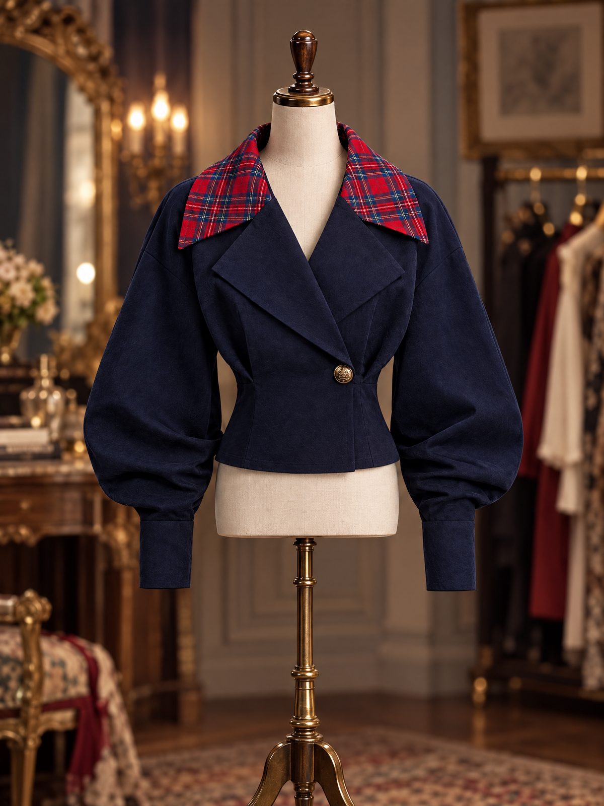 Vintage Wool Blend Navy Tartan Collar Puff Sleeve Cropped Coat