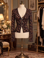 Vintage Leopard Print V Neck Lace Trim Button Front Cardigan Tee