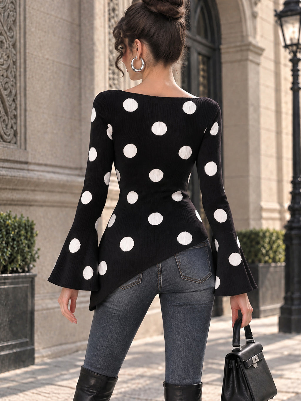 Vintage Polka Dot Print Bell Sleeve Sweater