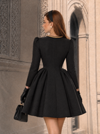 Vintage Military Black Wool-Blend Fit-and-Flare With Gold Chain Collar Mini Coat