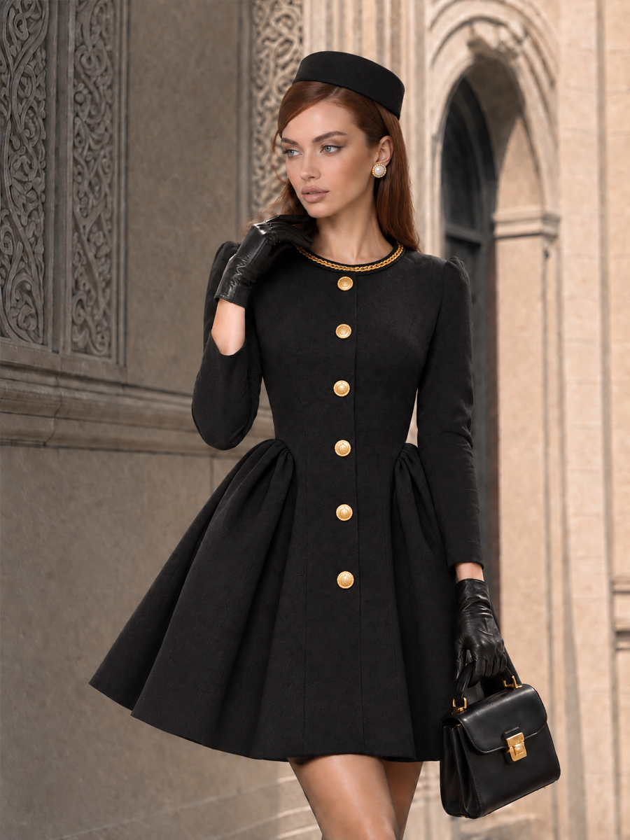 Vintage Military Black Wool-Blend Fit-and-Flare With Gold Chain Collar Mini Coat