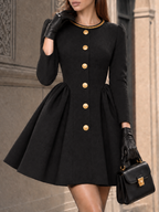Vintage Military Black Wool-Blend Fit-and-Flare With Gold Chain Collar Mini Coat