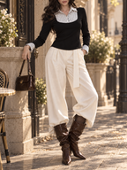 Vintage Striped Collar Fake Two-Piece Top & Wide Leg Pants Set