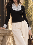 Vintage Hepburn Contrast Striped Cuff Fake Two Piece Top