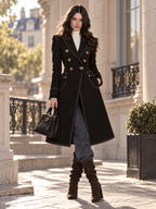 Vintage Slimming Lapel Collar Double Breasted Stitched Trim Maxi Coat