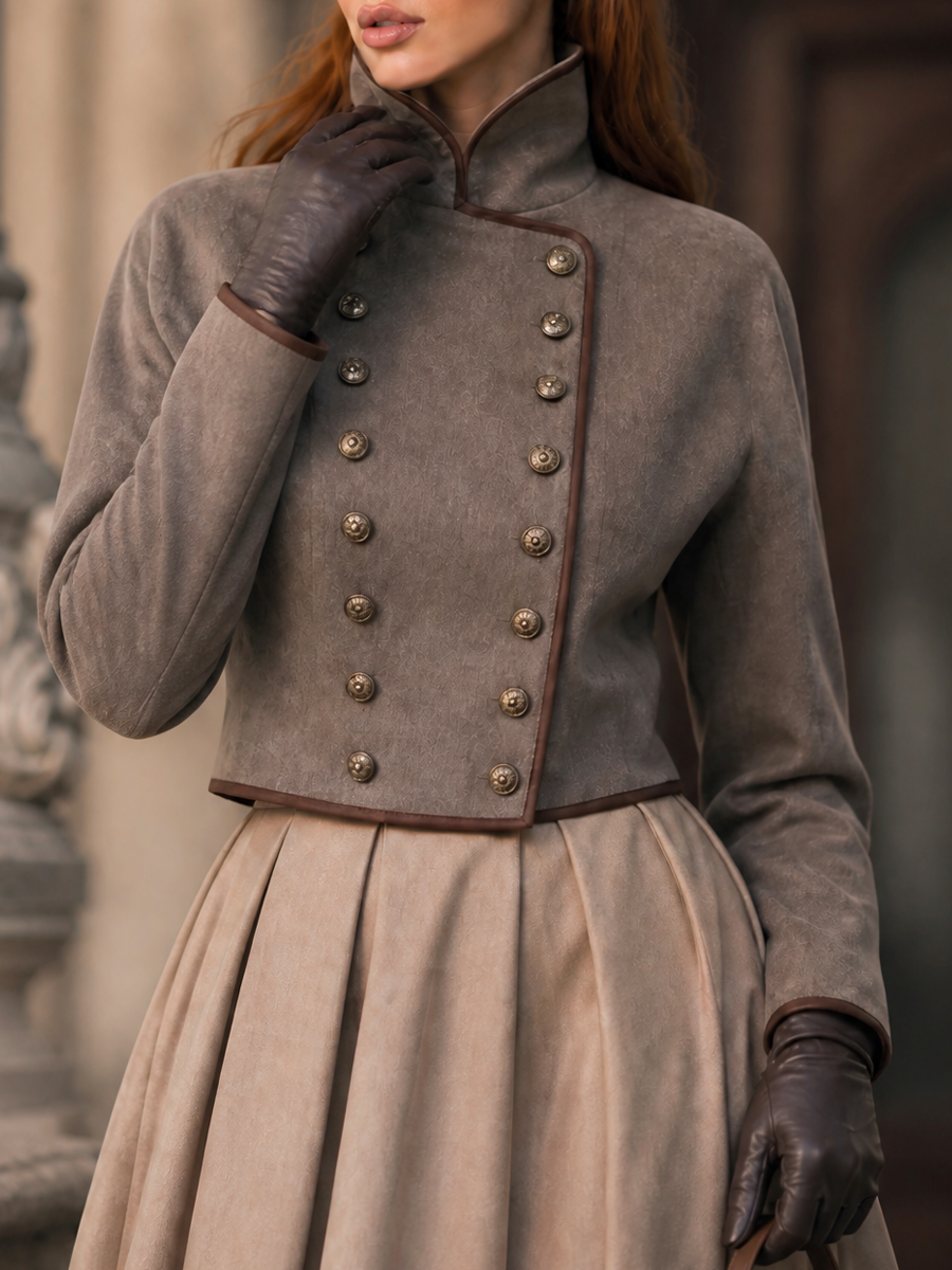 Vintage Military Cropped Trim & Double-Row Antique Gold Buttons Jacket