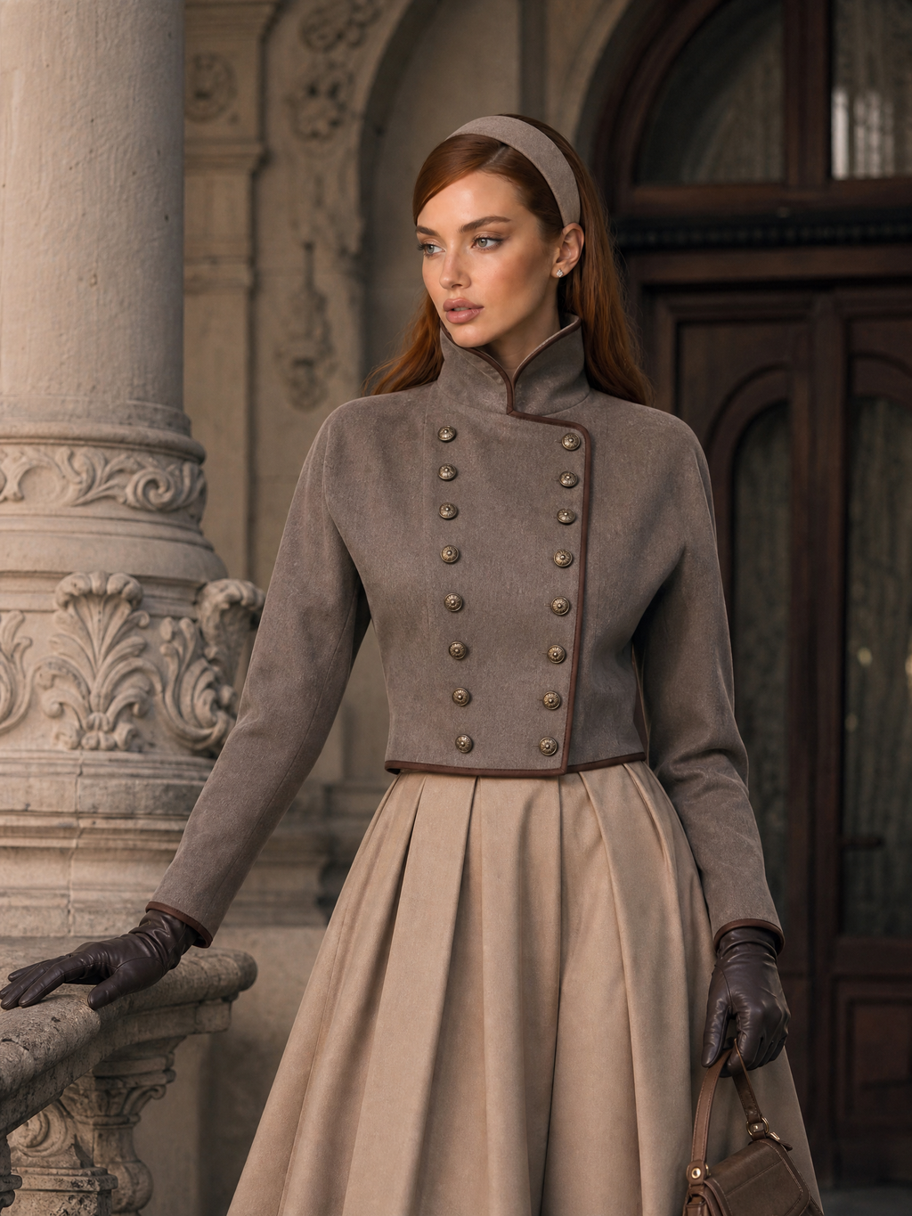 Vintage Military Cropped Trim & Double-Row Antique Gold Buttons Jacket