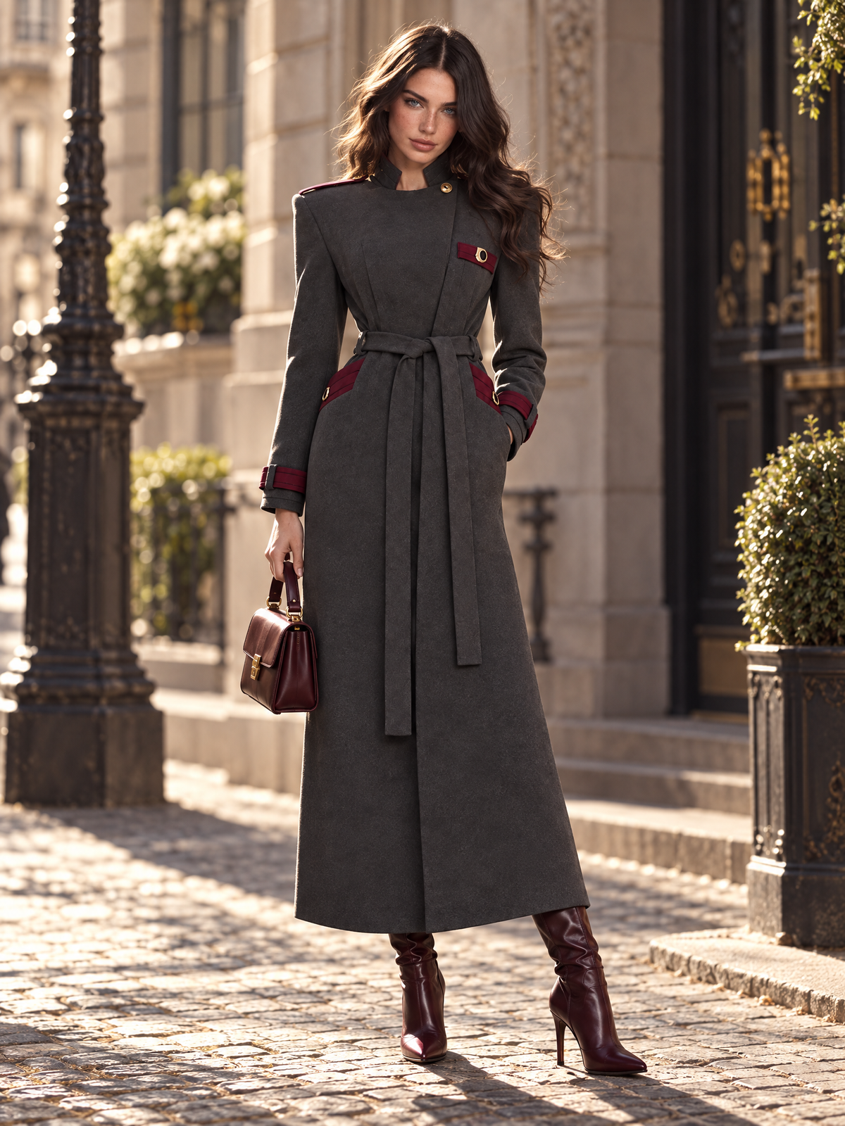 Vintage Slimming Epaulet Contrast Trim Belted Long Single-Faced Wool Coat
