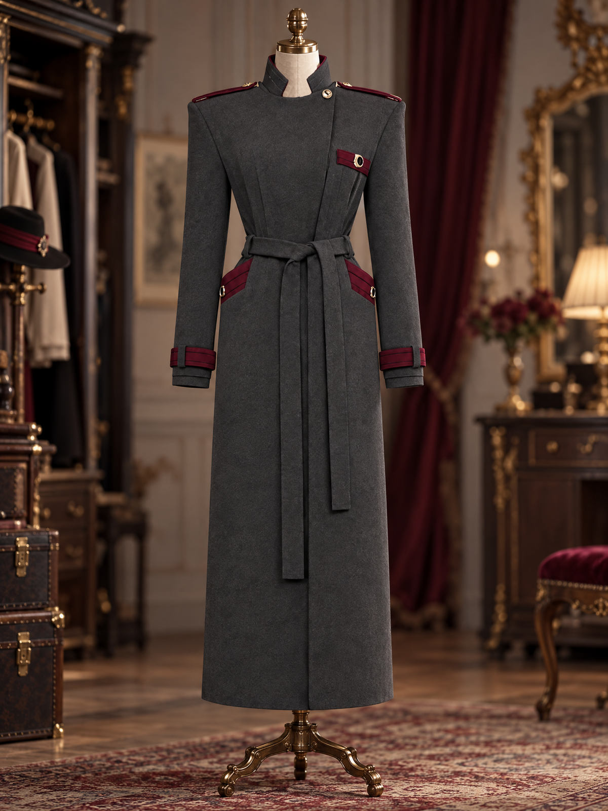 Vintage Slimming Epaulet Contrast Trim Belted Long Single-Faced Wool Coat