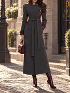 Vintage Slimming Epaulet Contrast Trim Belted Long Single-Faced Wool Coat