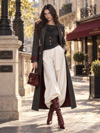Vintage Slimming Epaulet Contrast Trim Belted Long Single-Faced Wool Coat