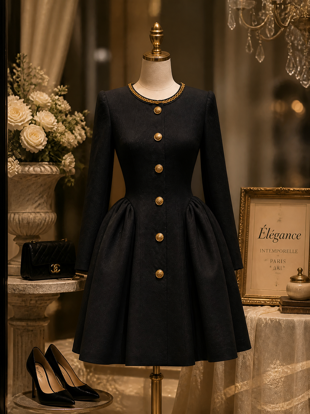 Vintage Military Black Wool-Blend Fit-and-Flare With Gold Chain Collar Mini Coat