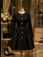 Vintage Military Black Wool-Blend Fit-and-Flare With Gold Chain Collar Mini Coat
