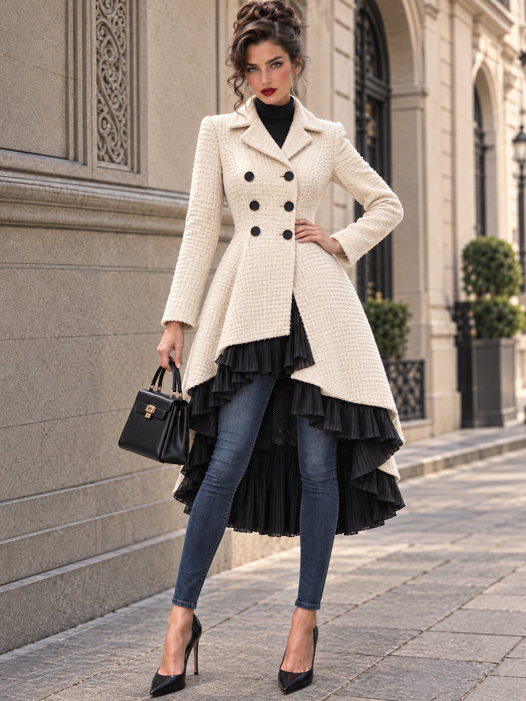 Vintage Tweed Double Breasted High Low Coat
