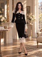 Vintage Velvet Lace Collar Long Sleeve Peplum Two Piece Midi Skirt Set