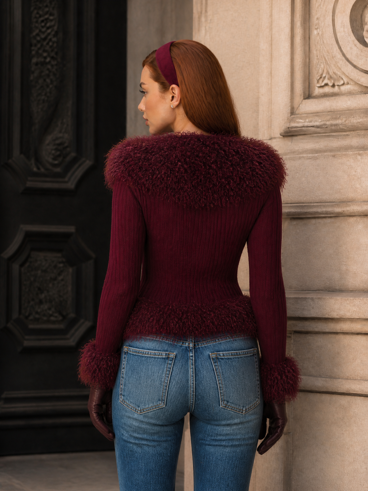 Vintage Burgundy Faux Fur Trim V-Neck Ribbed Knit Sweater