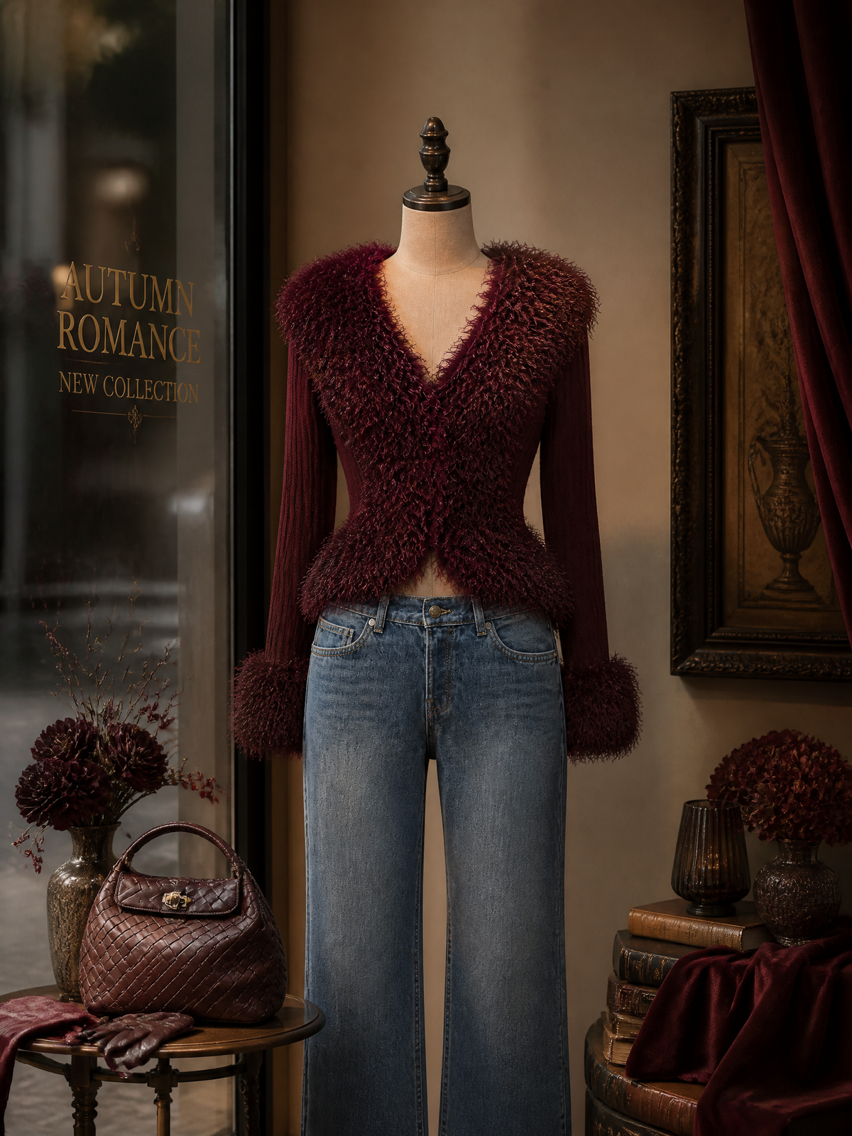 Vintage Burgundy Faux Fur Trim V-Neck Ribbed Knit Sweater