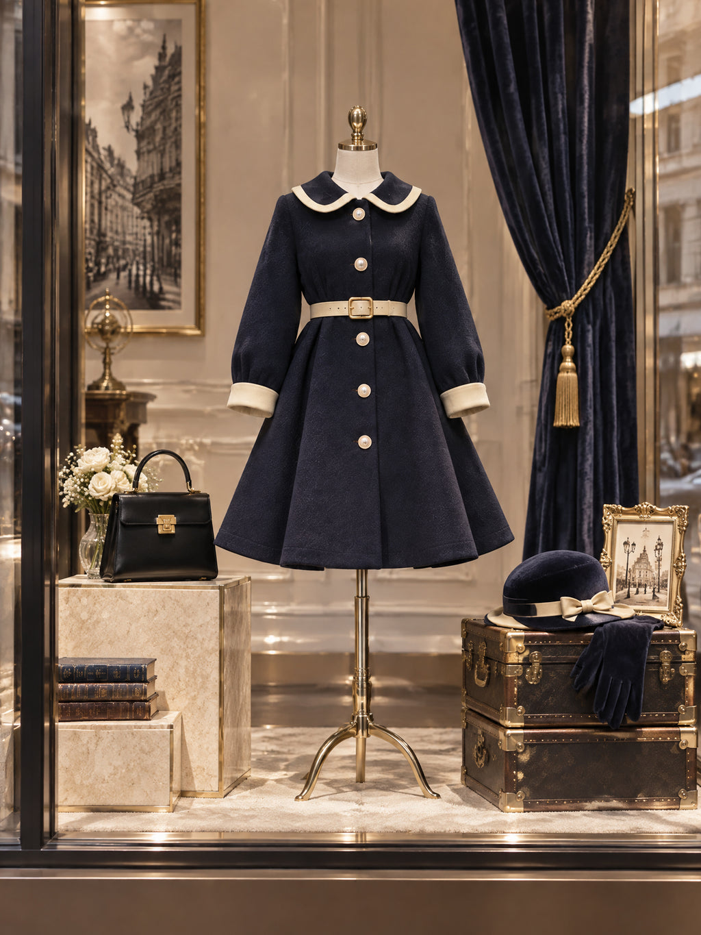 Vintage Contrast Collar Belted Wool Swing Coat