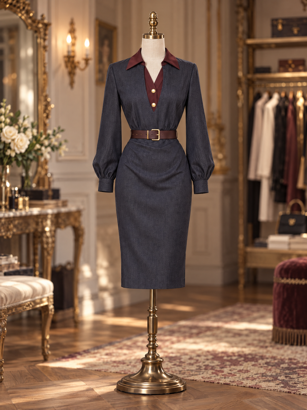 Vintage Color Block Waist-tailored Smart Office Midi Dress
