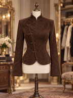 Vintage Faux Suede Frog Button Mandarin Collar Peplum Jacket