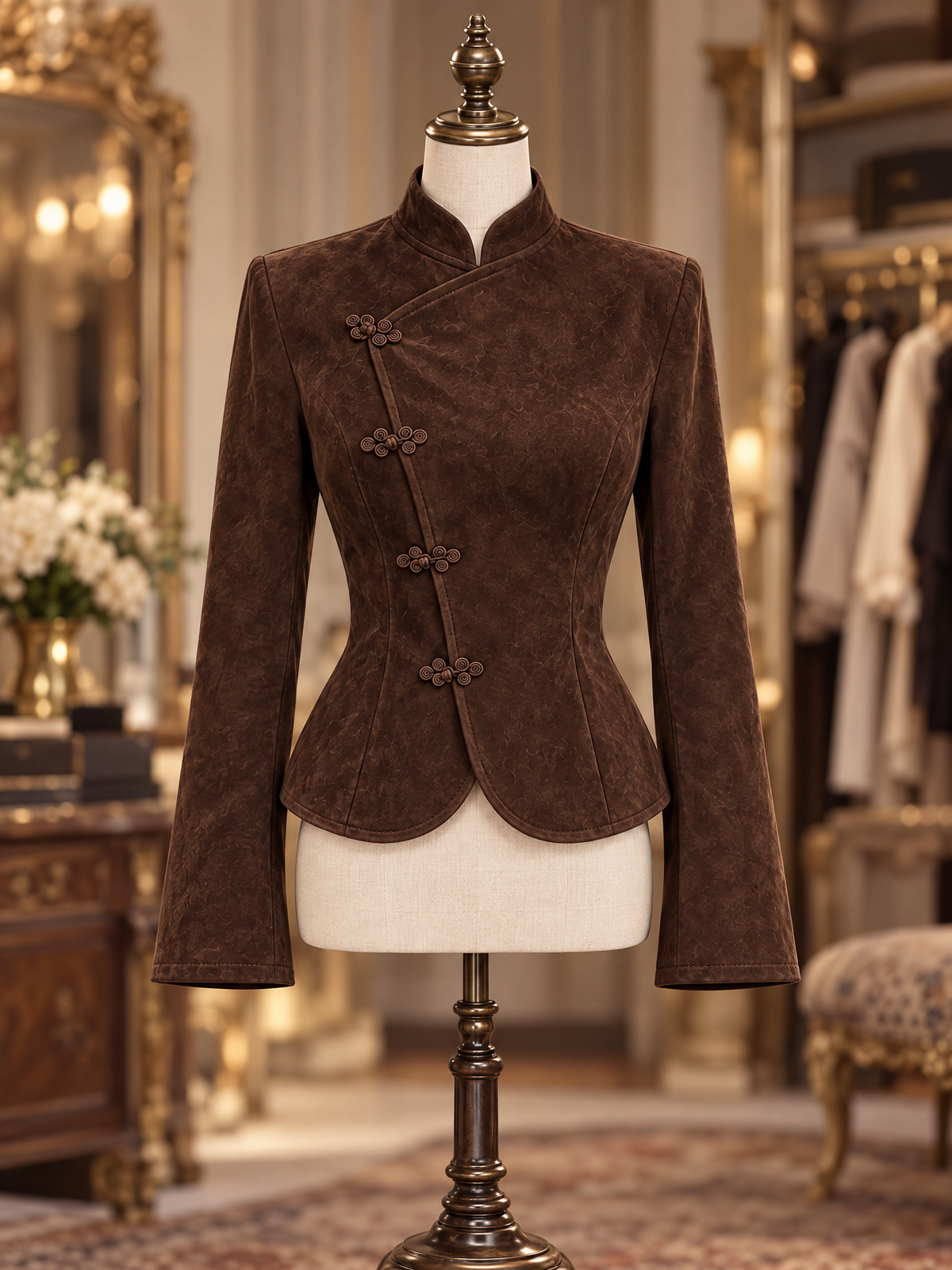 Vintage Faux Suede Frog Button Mandarin Collar Peplum Jacket
